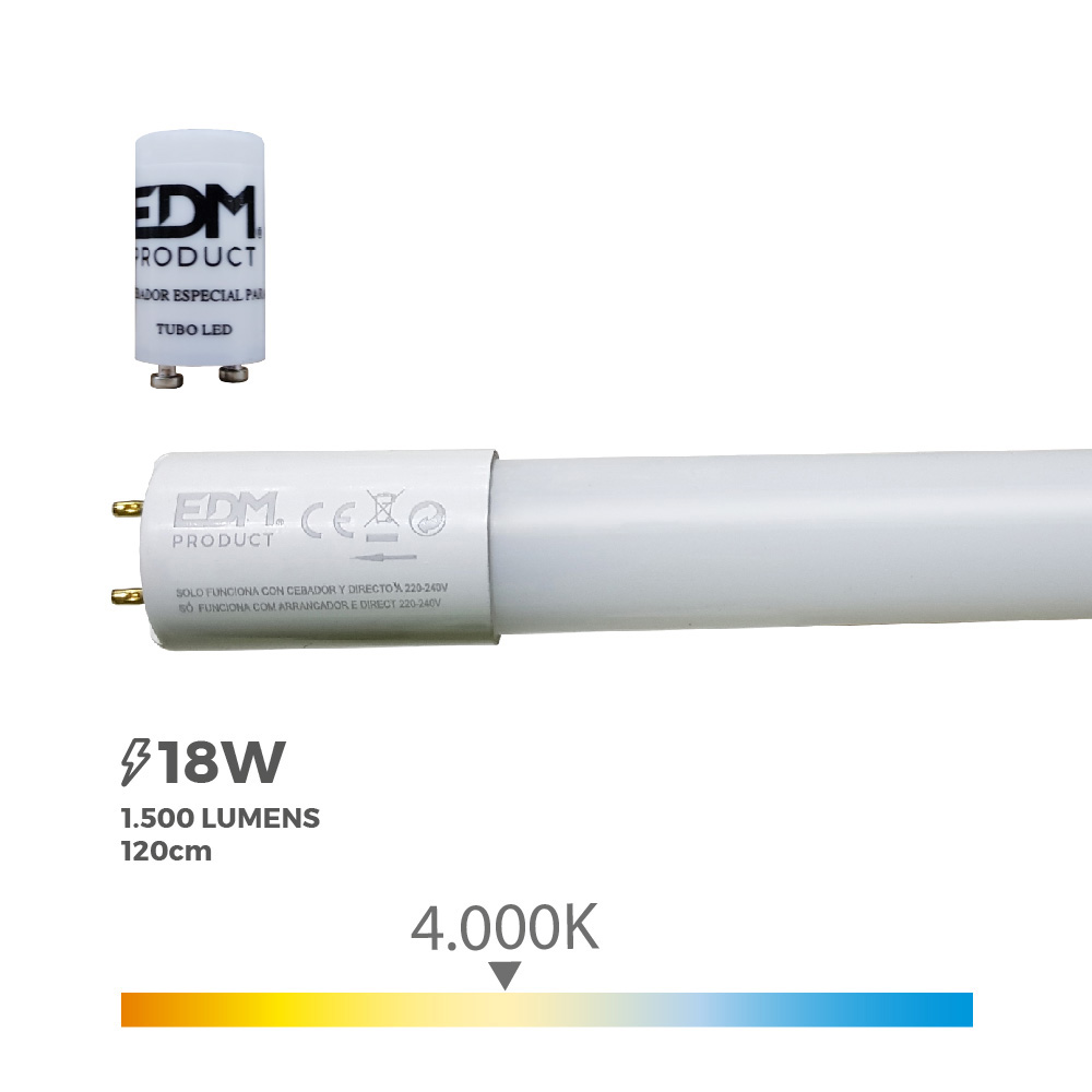 Tubo led t8 18w 1600lm 4000k luz do dia (eq.36w) ø2 6x120cm edm