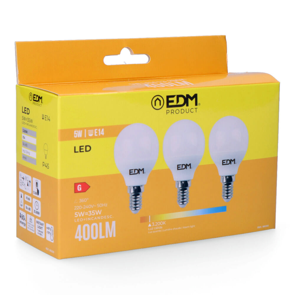 Kit 3 lâmpadas esféricas led e14 5w 400lm 3200k luz quente ø4 5x8cm edm