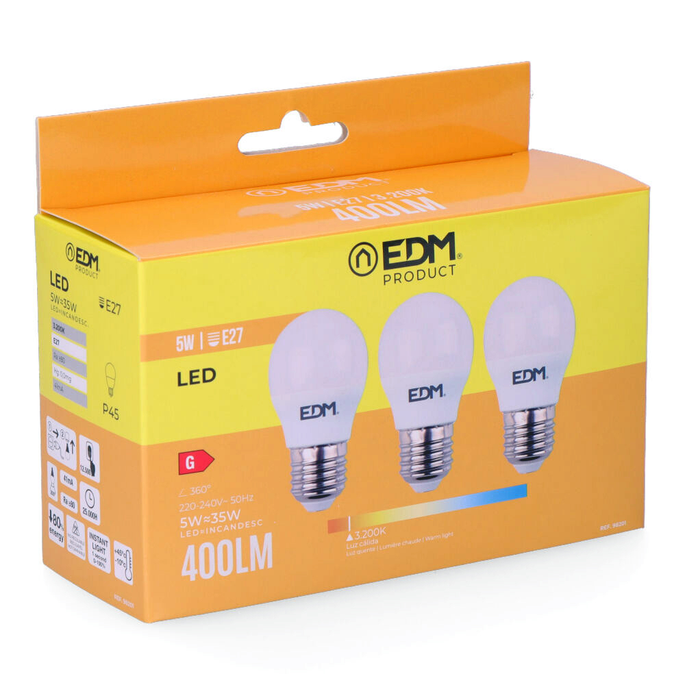 Kit 3 lâmpadas esféricas led e27 5w 400lm 3200k luz quente ø4 5x8cm edm