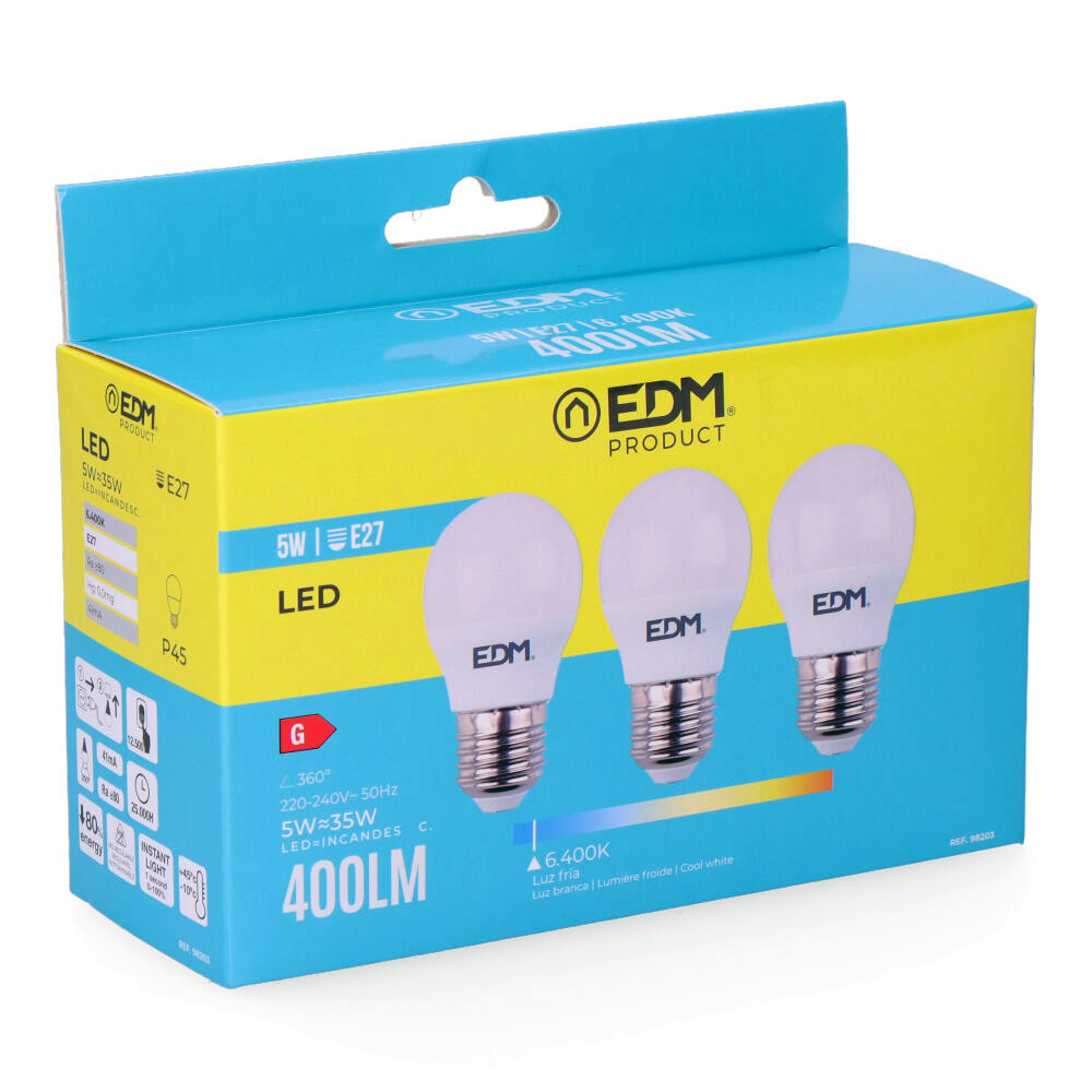 Kit 3 lâmpadas esféricas led e27 5w 400lm 6400k luz fria ø4 5x8cm edm