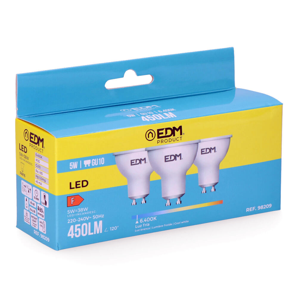Kit 3 lâmpadas dicroicas led gu10 5w 450lm 6400k luz fria ø5x5 5cm edm